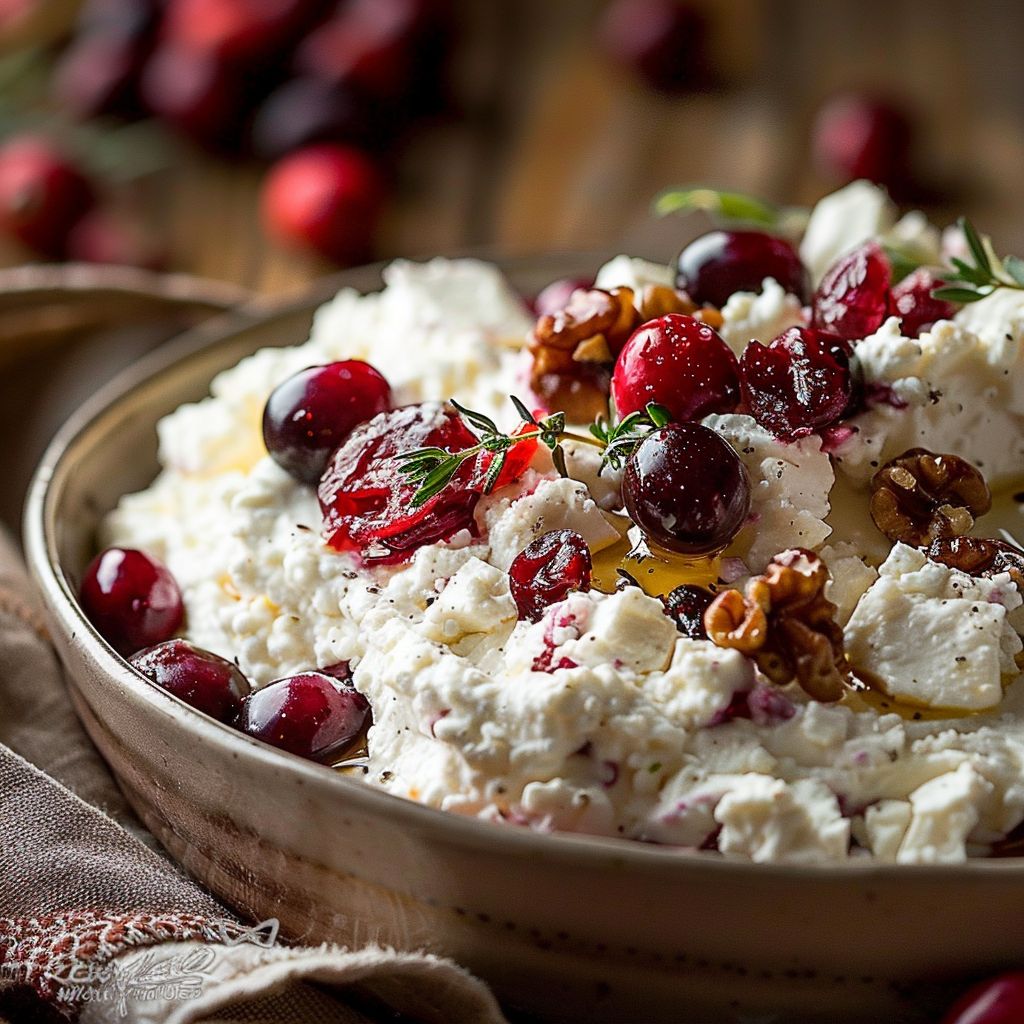 A close-up shot of a creamy cranberry whipped feta dip in a rustic bowl, garnished with walnuts and rosemary.
