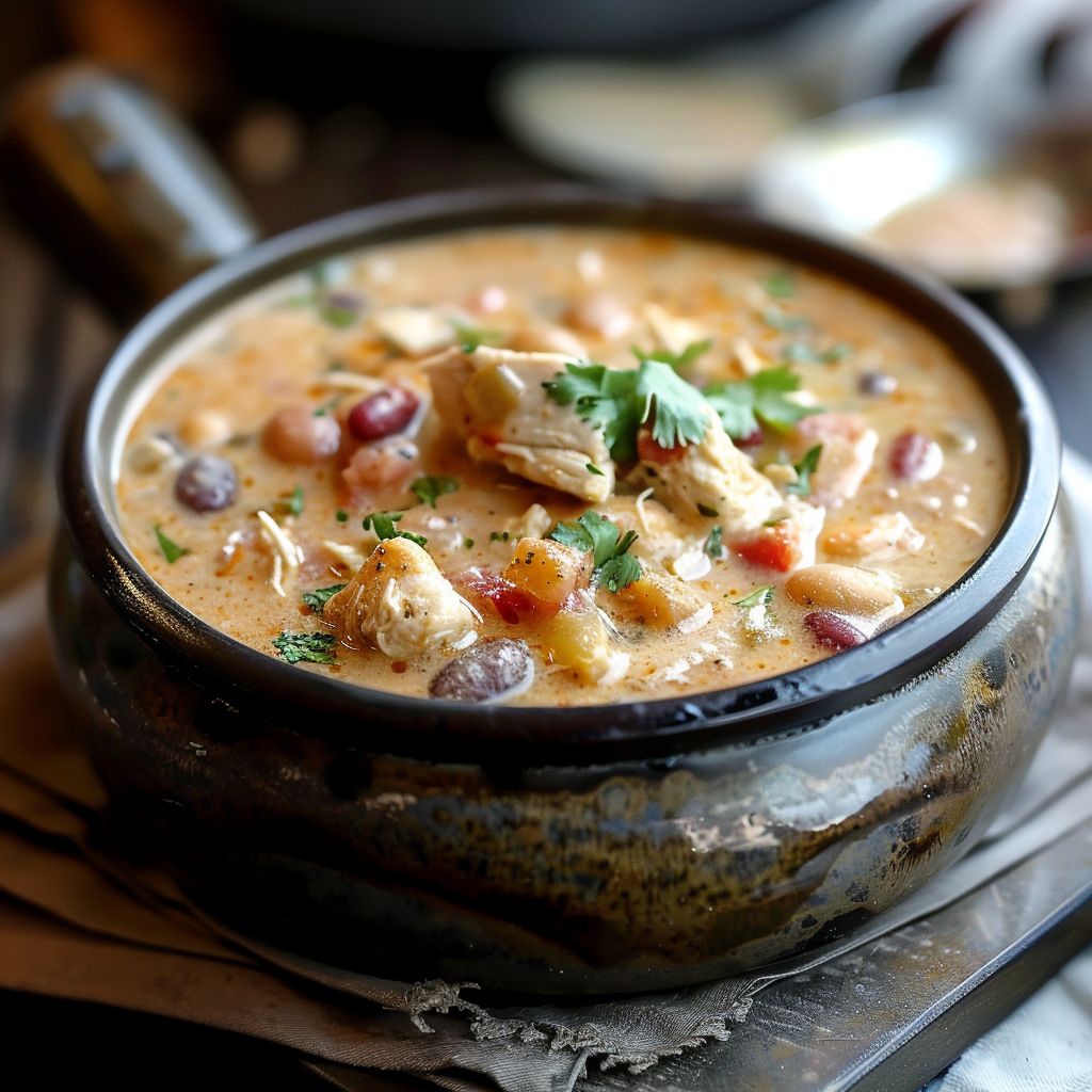 A bowl of creamy chicken chili garnished with cilantro and served with a spoon.