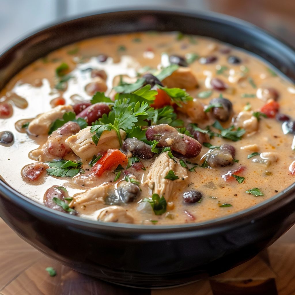 A bowl of creamy chicken chili topped with herbs and spices, served alongside fresh toppings.