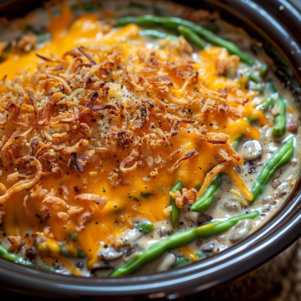 A close-up shot of a creamy green bean casserole topped with crispy French fried onions.