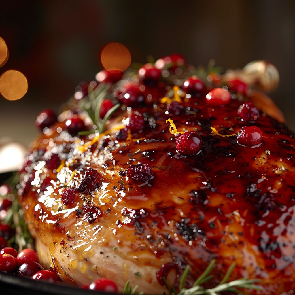 Close-up of a glazed turkey breast with cranberry and orange sauce, showcasing the glossy texture and garnishes.