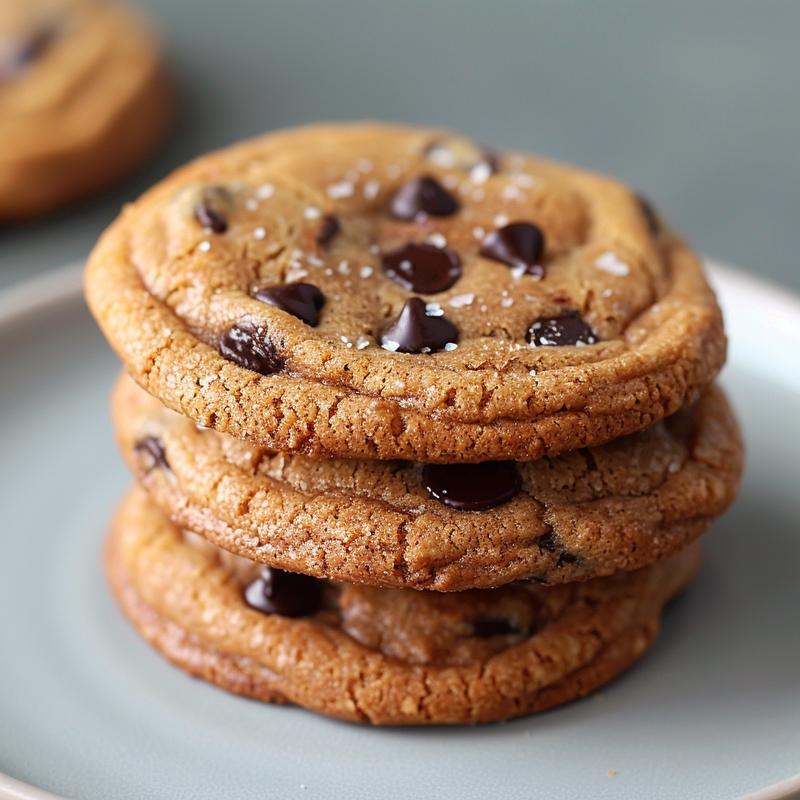 Three freshly baked brown butter chocolate chip cookies stacked on a light grey ceramic plate.