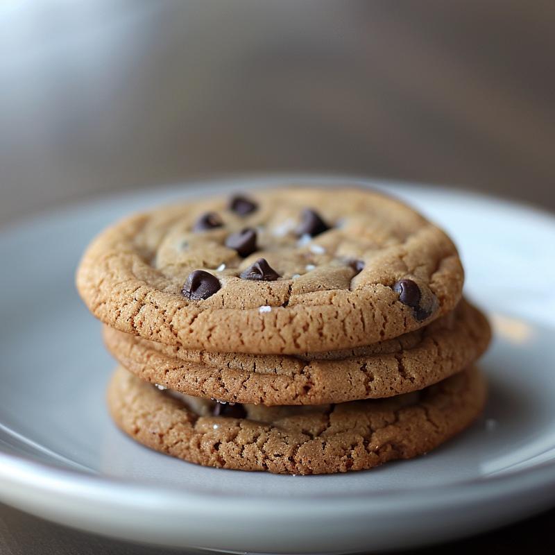 Close-up of three stacked brown butter chocolate chip cookies on a light grey ceramic plate.