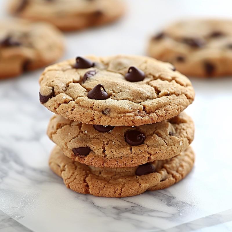A close-up of three brown butter chocolate chip cookies stacked on a white marble surface.