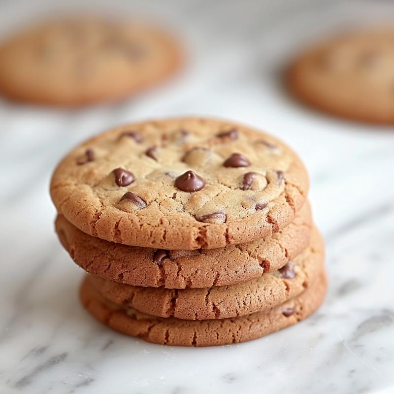 A close-up of three freshly baked chocolate chip cookies stacked on a white marble surface.