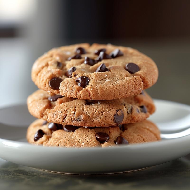 A stack of three freshly baked chocolate chip cookies on a light grey ceramic plate.