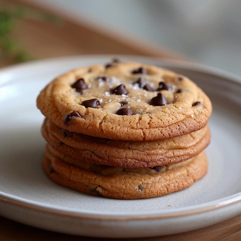 A stack of three chocolate chip cookies on a light grey ceramic plate, illuminated by natural light.