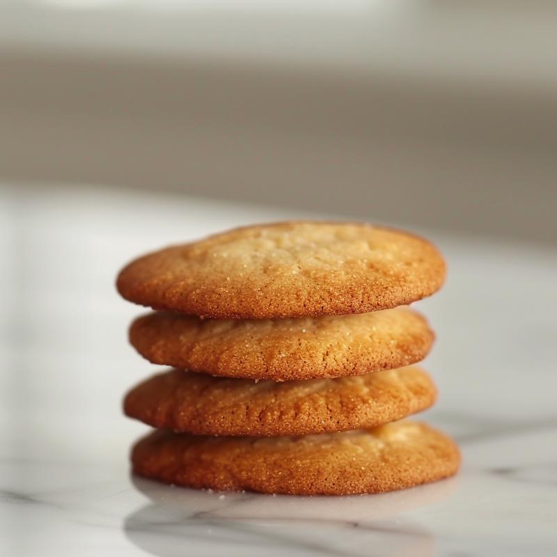 A close-up of three thick Christmas cookies stacked on a white marble surface.