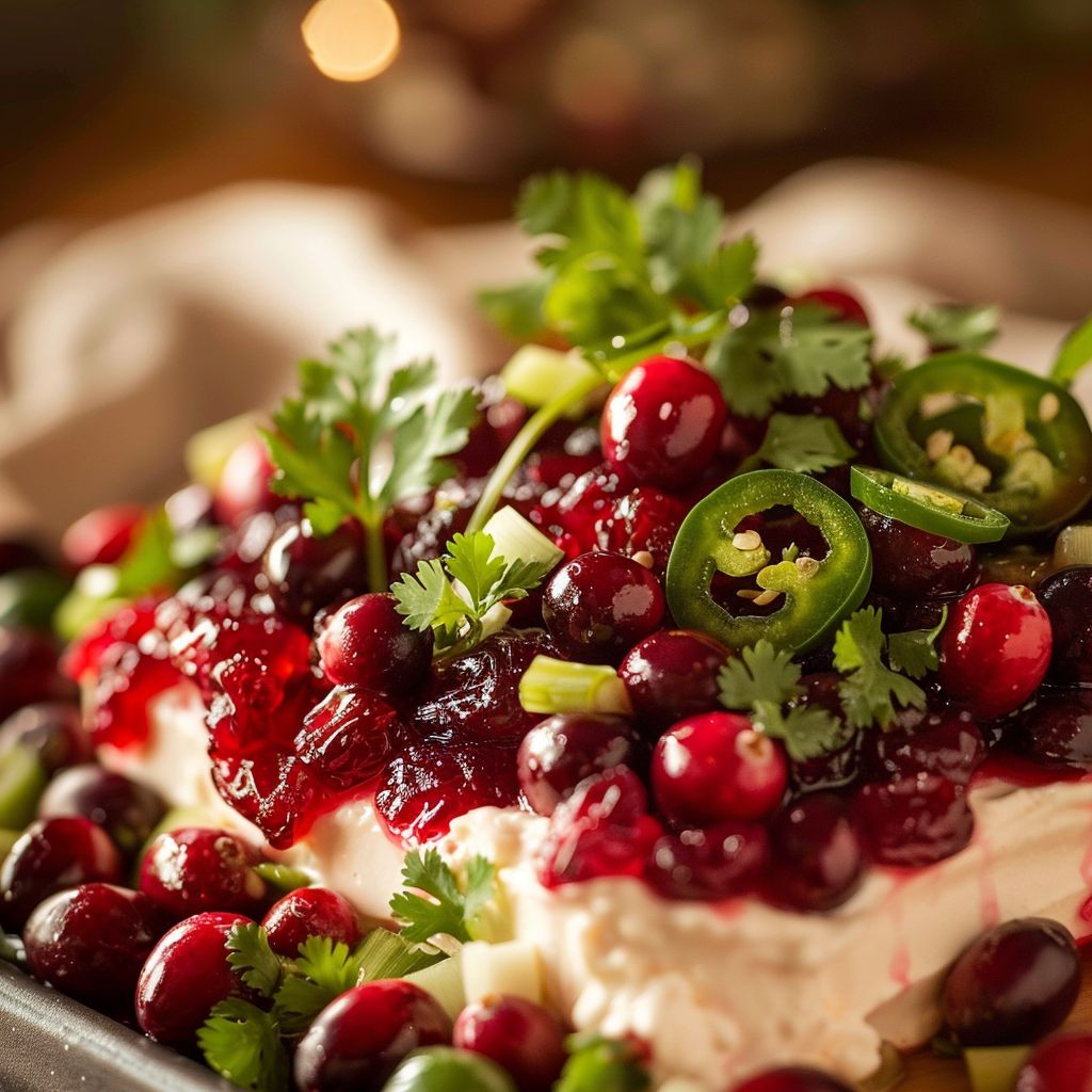 Close-up of a creamy Cranberry Jalapeno Dip in a white bowl, garnished with cilantro and green onions.