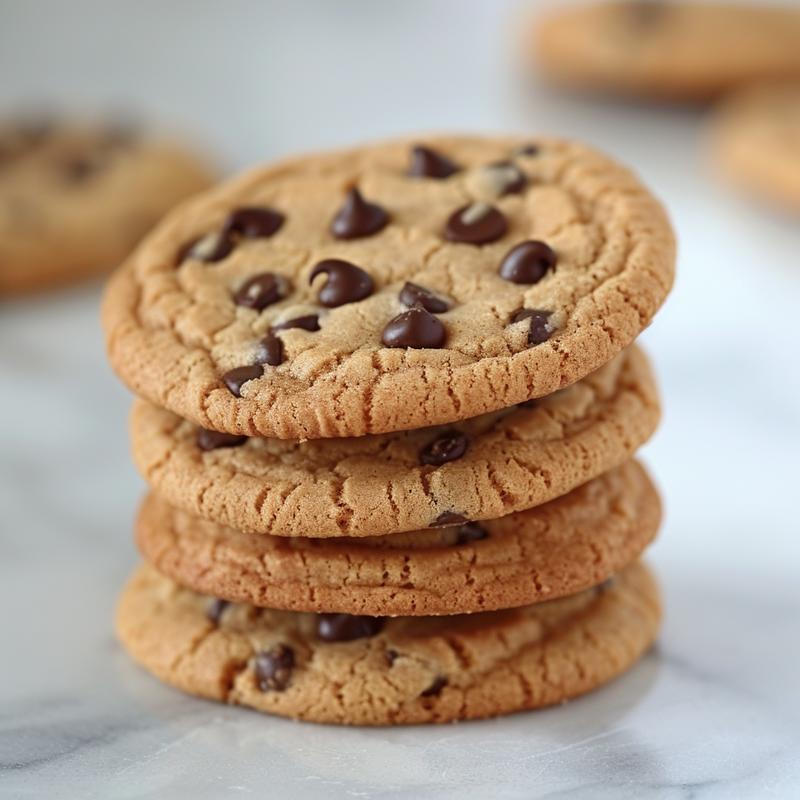 Three freshly baked chocolate chip cookies stacked on a white marble surface.