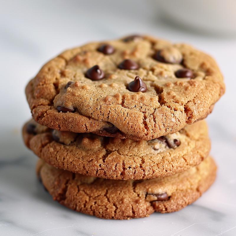 Close-up of three stacked chocolate chip cookies on a white marble surface.