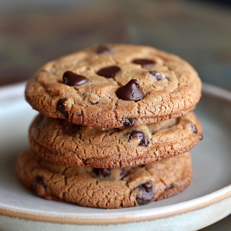 Three freshly baked chocolate chip cookies stacked on a light grey plate.