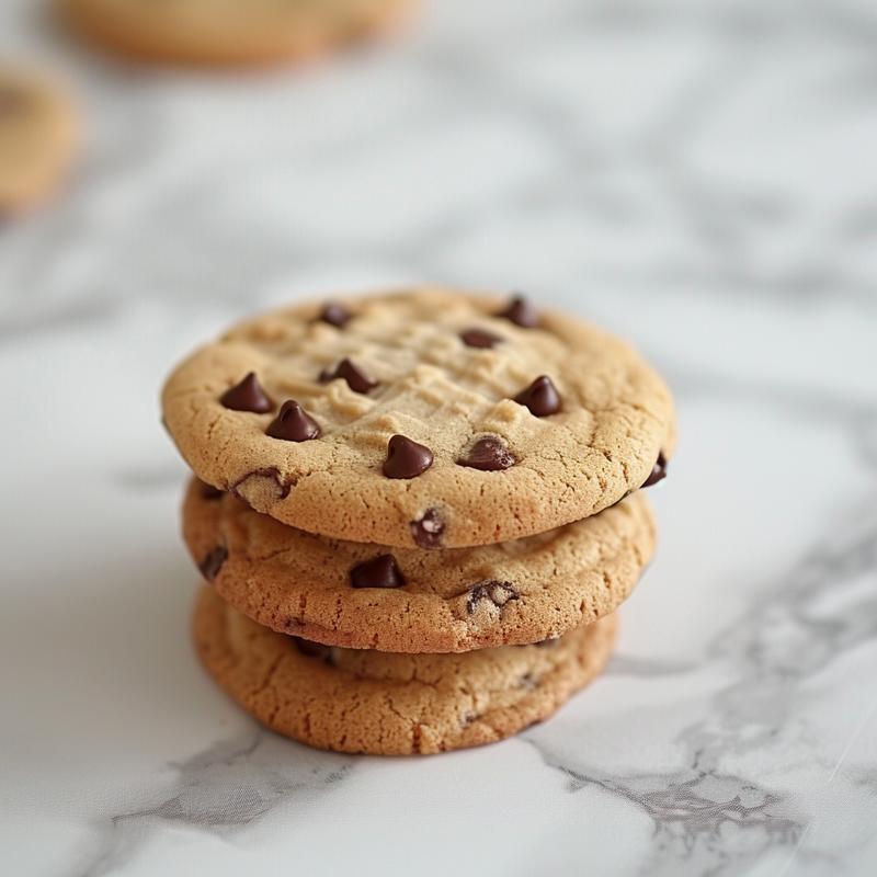 A close-up of three crunchy chocolate chip cookies stacked on a white marble surface.