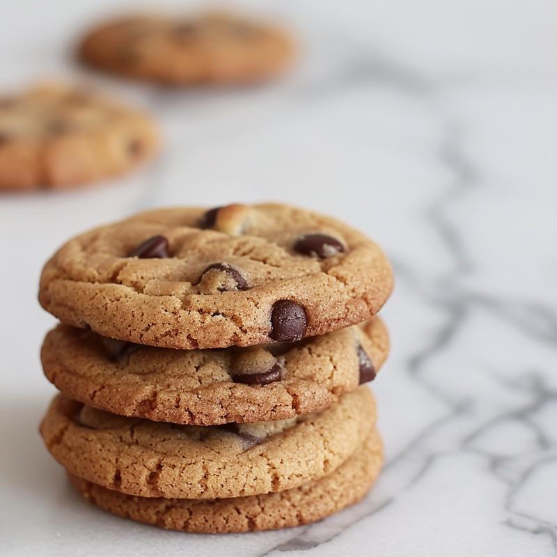 Three freshly baked chocolate chip cookies stacked on a white marble surface with natural light highlighting their texture.