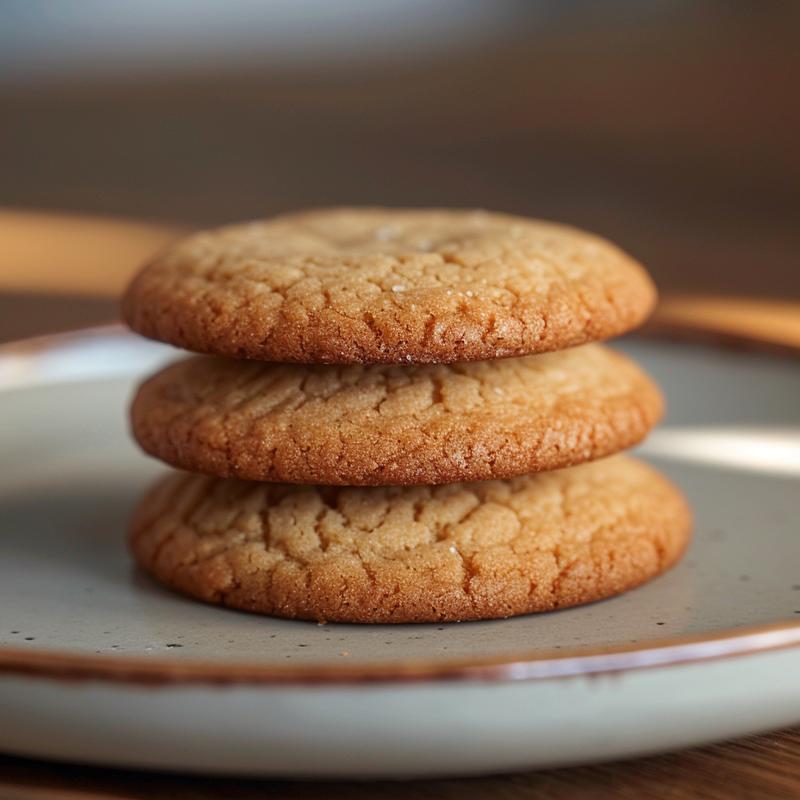 Three gooey butter cookies stacked on a light grey ceramic plate in bright natural light.