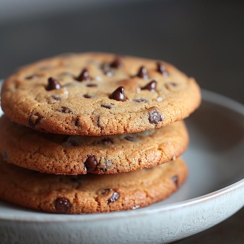 A stack of three chocolate chip pudding cookies on a light grey ceramic plate.