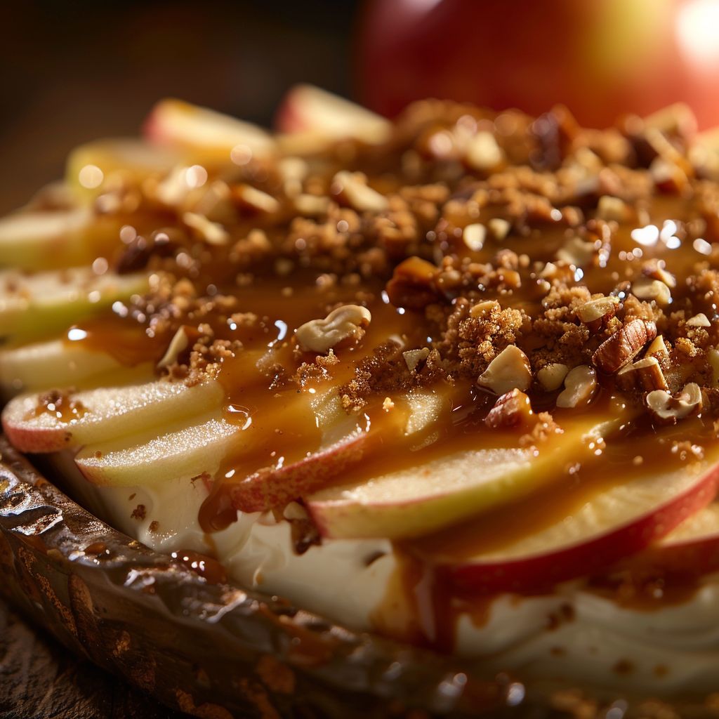 A close-up view of creamy caramel apple dip with sliced apples for dipping, beautifully lit.