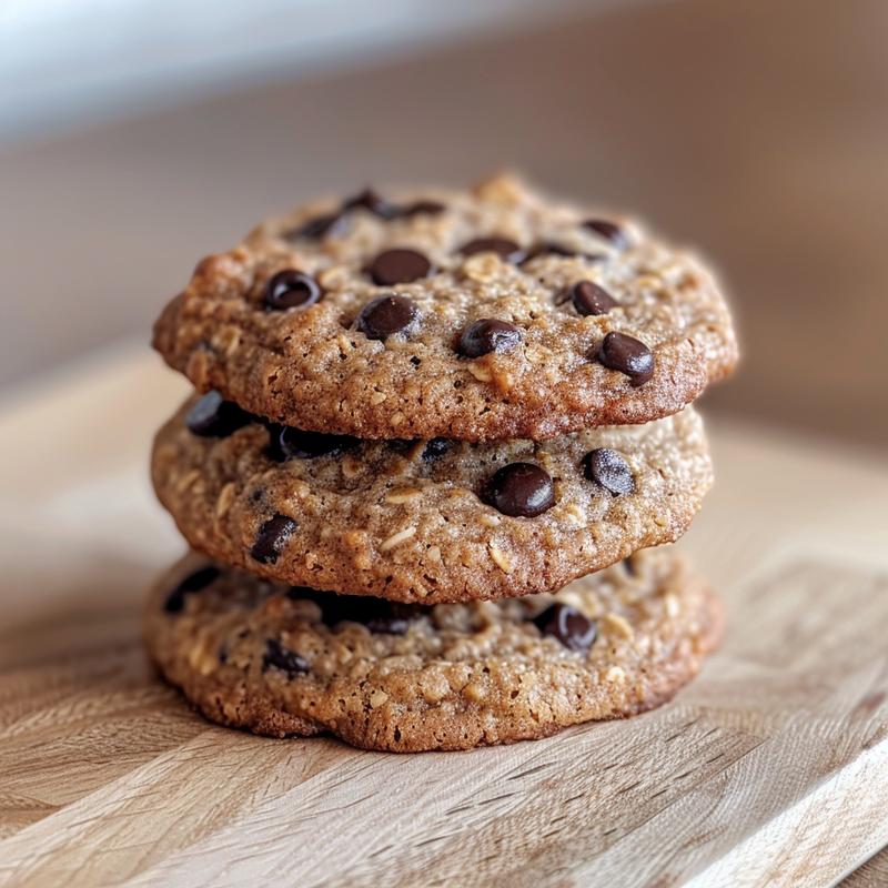 A close-up of three chewy oatmeal chocolate chip cookies on a light wooden board.