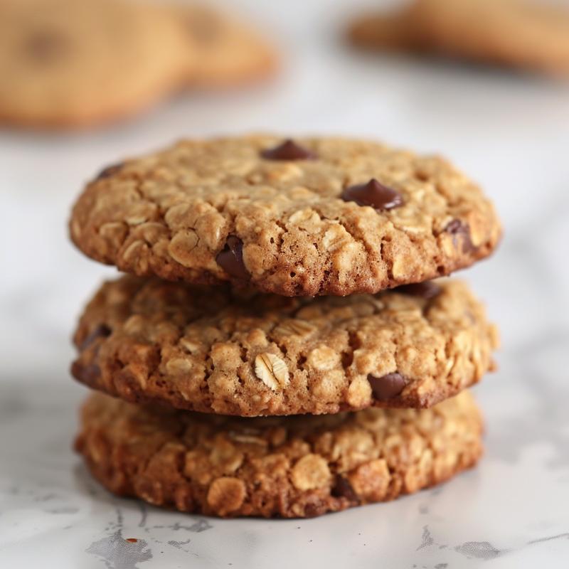 Close-up of three freshly baked oatmeal chocolate chip cookies stacked on a white marble surface.