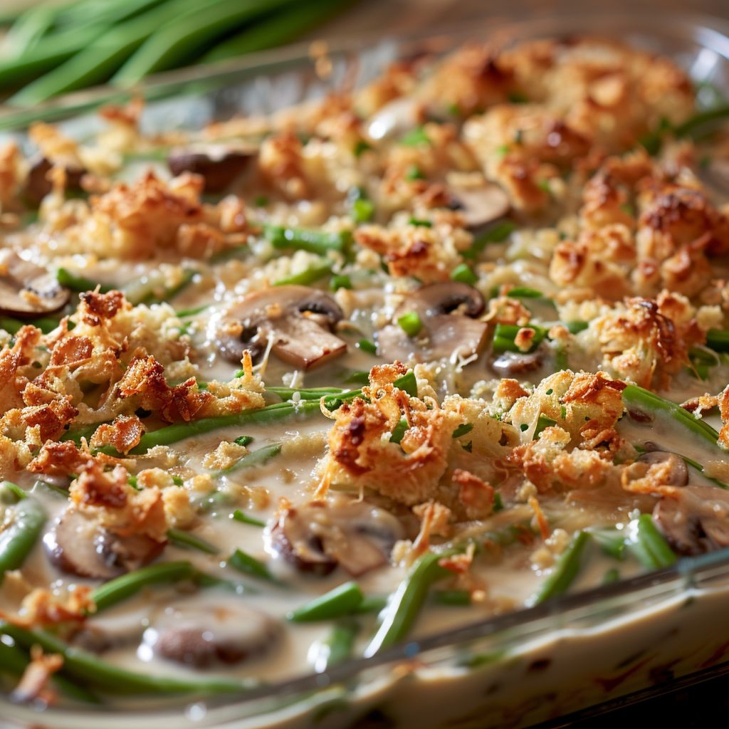 Close-up view of a creamy green bean casserole topped with crispy fried onions.