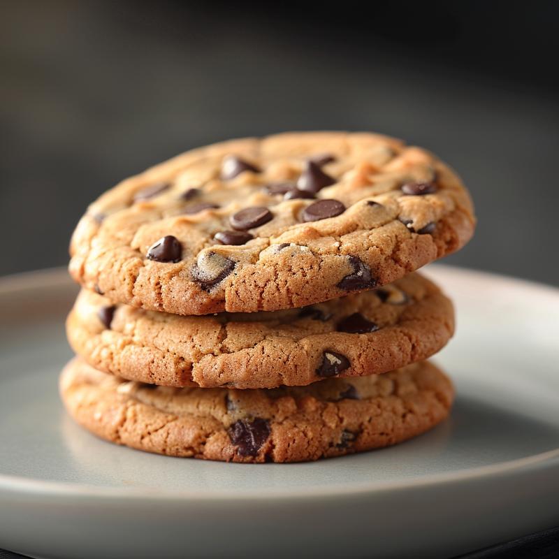A close-up of a stack of three freshly baked chocolate chip cookies on a light grey ceramic plate.
