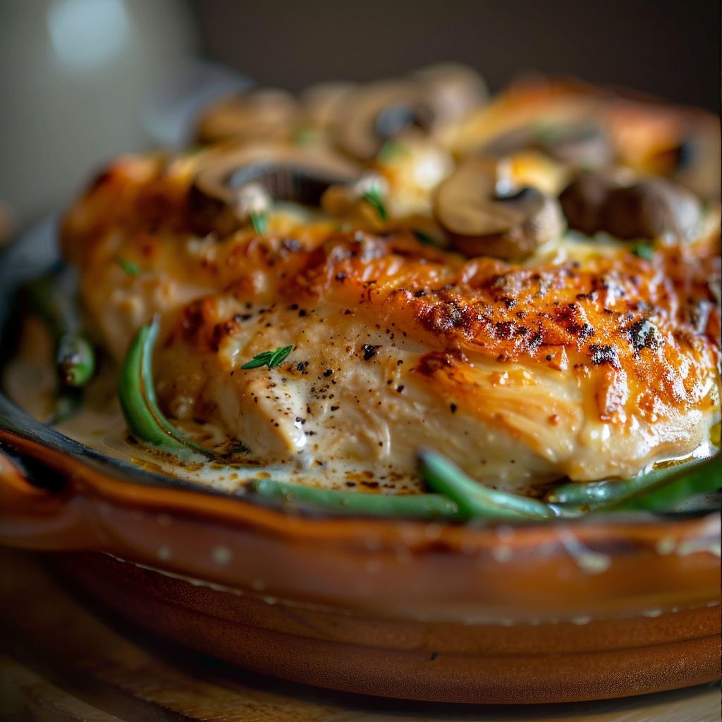 A close-up view of a creamy chicken and green bean casserole, showcasing tender chicken chunks and fresh green beans.