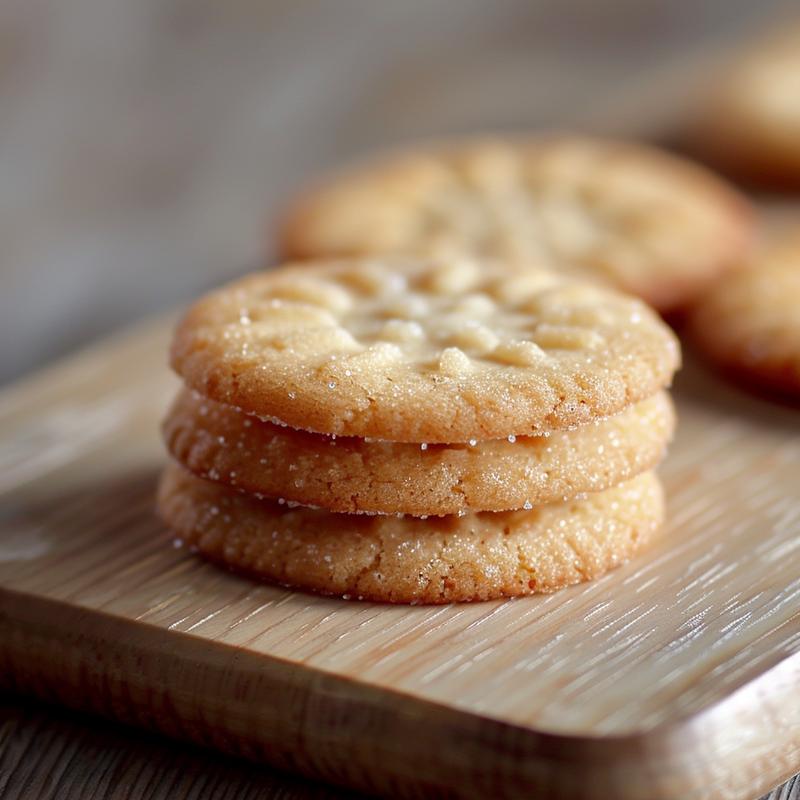 Close-up of three golden-brown sugar cookies stacked on a natural wood board.