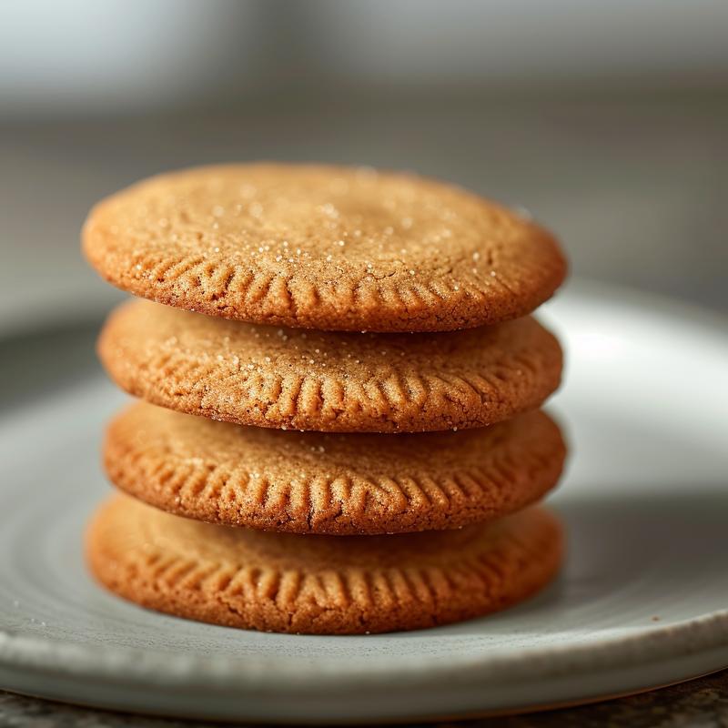 A close-up of three freshly baked gingerbread cookies stacked on a light grey ceramic plate.