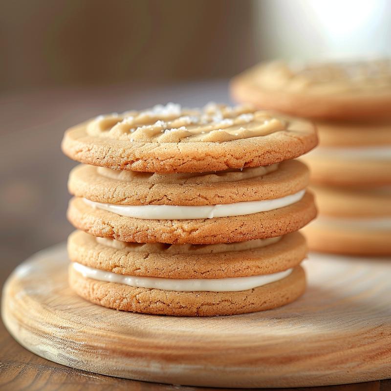 Close-up of three beautifully decorated cookies stacked on a light wood board, showcasing intricate icing designs.