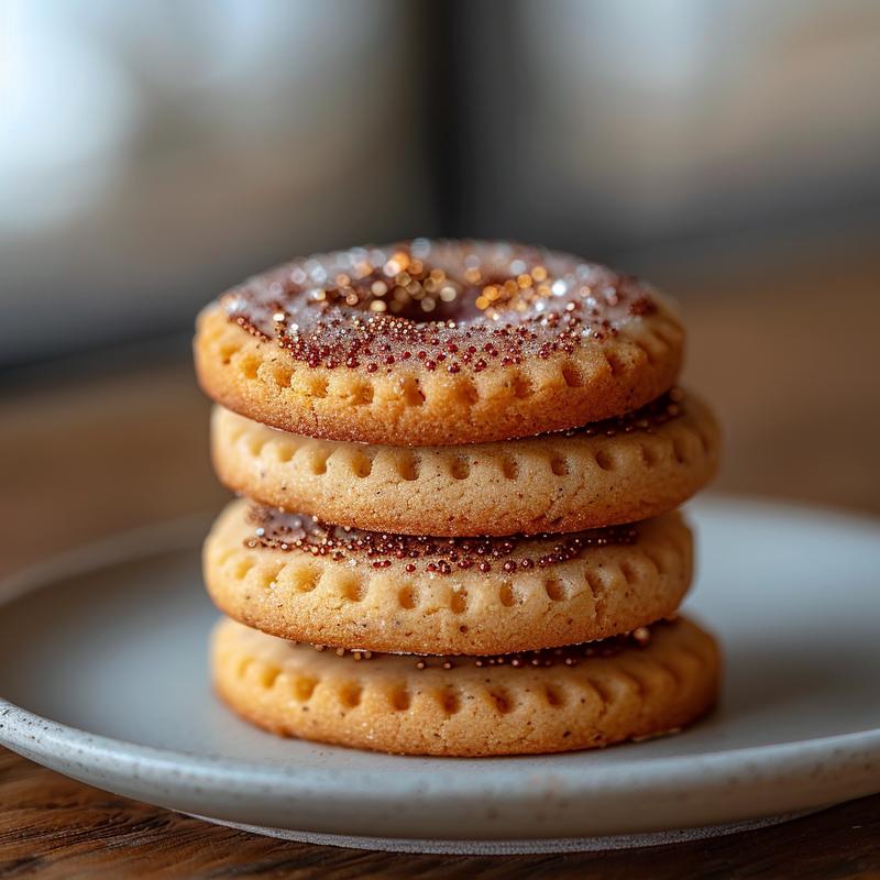 Three decorated Christmas cookies stacked on a light grey ceramic plate.