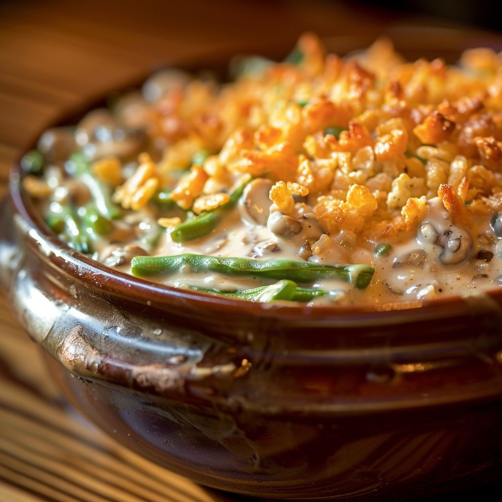 Close-up of a Classic Green Bean Casserole with golden crispy onions on top.