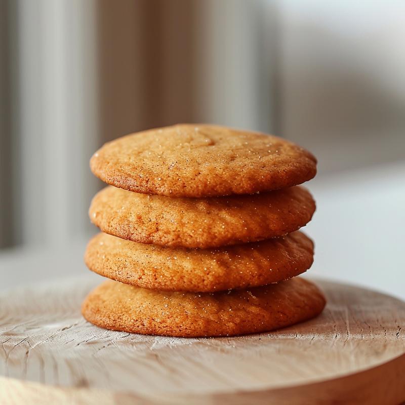 A close-up of three stacked gingerbread cookies on a wooden board.