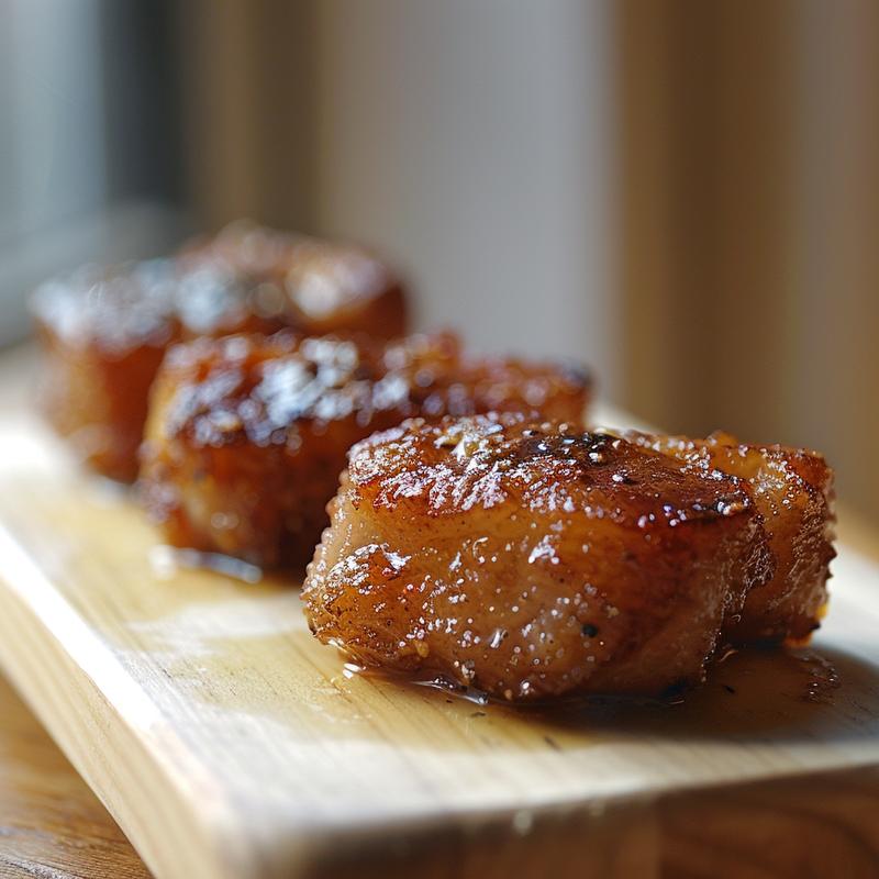 Close-up image of a delicious dish on a wooden board, featuring intricate textures and vibrant colors.