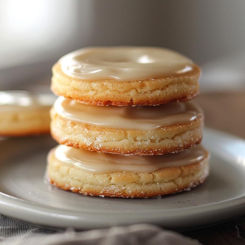 A close-up of three stacked sugar cookies with hardening icing on a light grey ceramic plate.