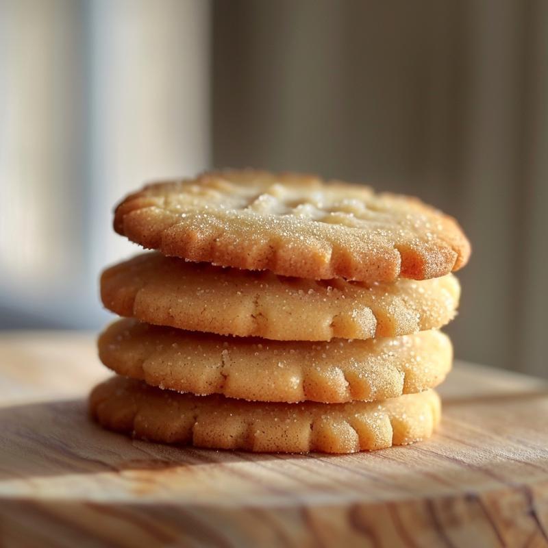 A close-up of three stacked sugar cookies on a wooden surface, highlighting their texture.