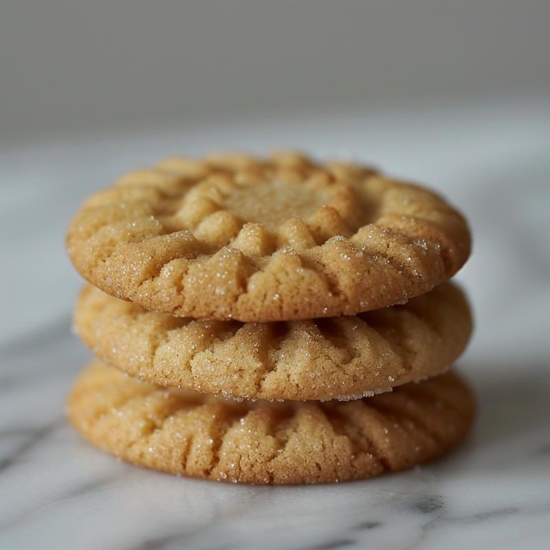 Three chewy sugar cookies stacked on a white marble surface with natural lighting.