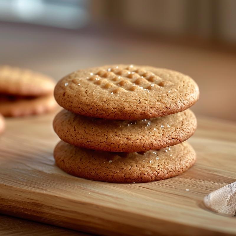 A close-up of three stacked gingerbread cookies on a wooden board, showcasing their texture.