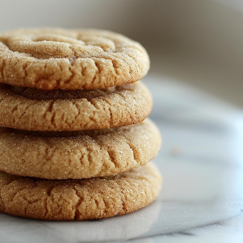 A close-up of three freshly baked sugar cookies stacked on a white marble surface.