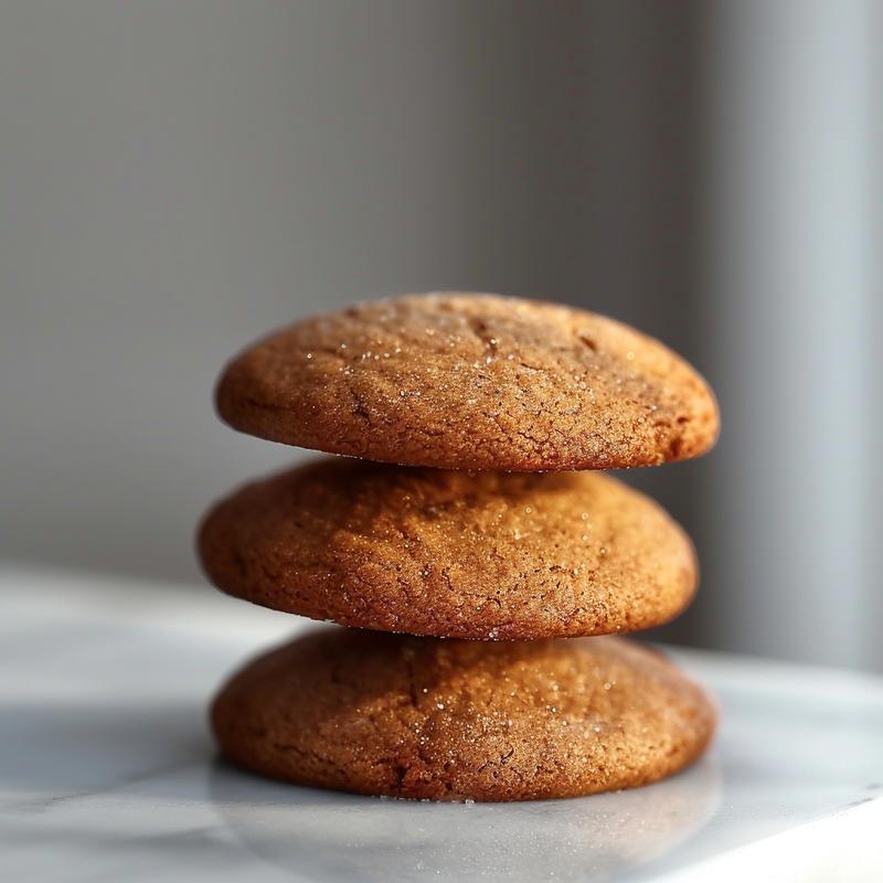 Close-up of three stacked gingerbread cookies on a marble surface.