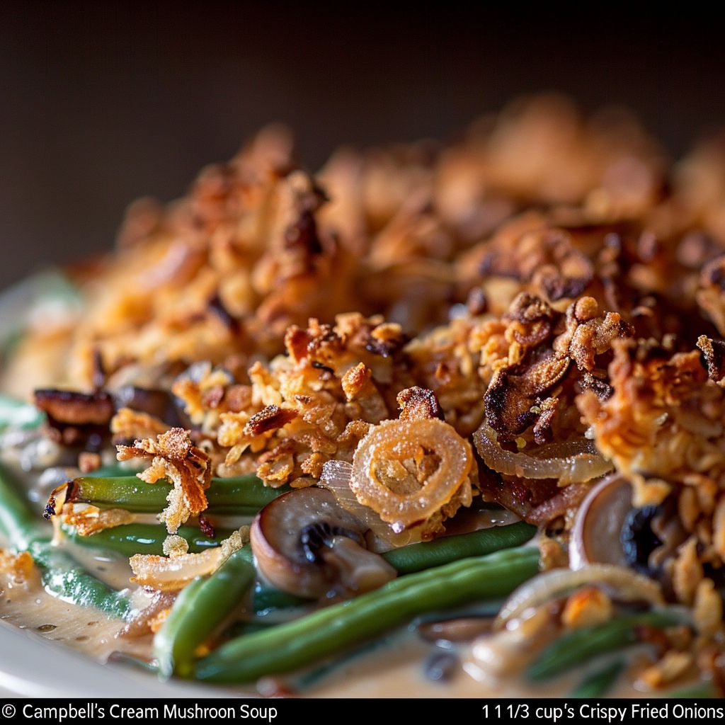 Close-up of a creamy green bean casserole with crispy fried onions on top, illuminated by soft natural light.
