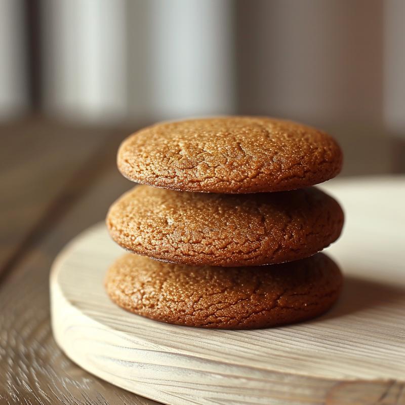 A close-up view of three stacked gingerbread cookies on a light wood board.