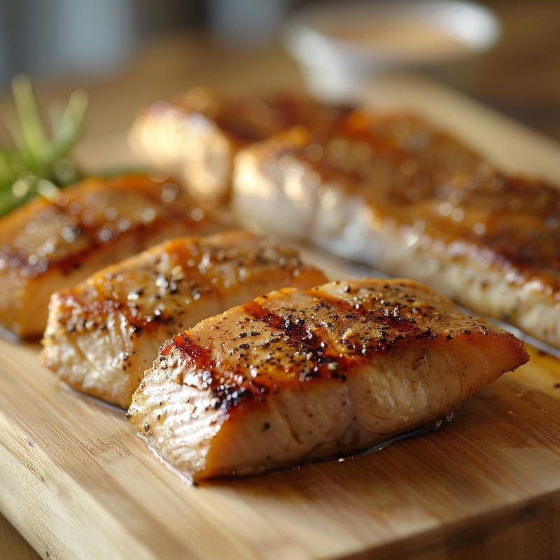 Extreme close-up of a beautifully plated portion of ckqajeoogpc on a light wooden board.