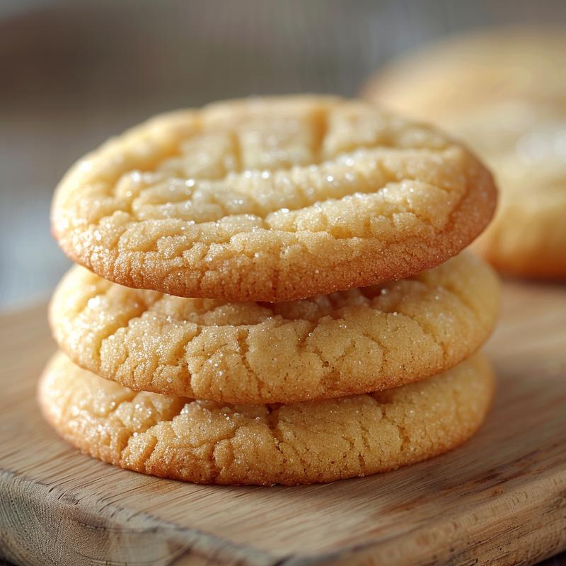 A close-up of three soft sugar cookies stacked on a light wood surface, illuminated by natural light.