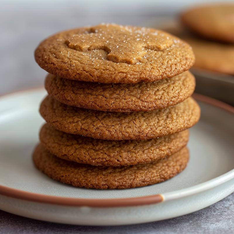 A close-up of three soft chewy gingerbread men cookies stacked on a light grey ceramic plate.