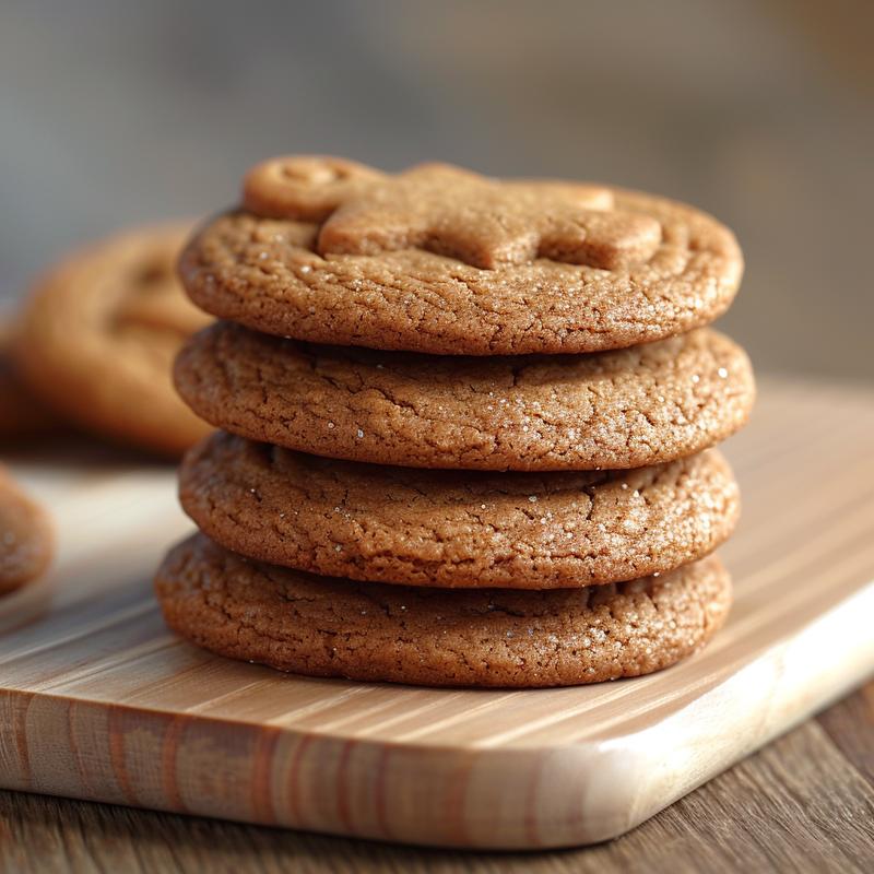 A close-up of three soft chewy gingerbread men cookies stacked on a light wood board.