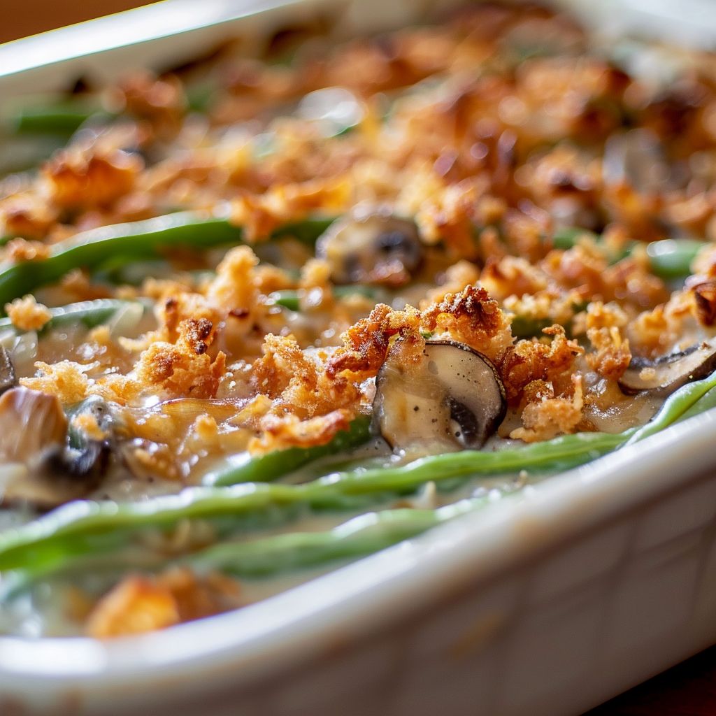 Close-up of a creamy Green Bean Casserole topped with crispy fried onions.