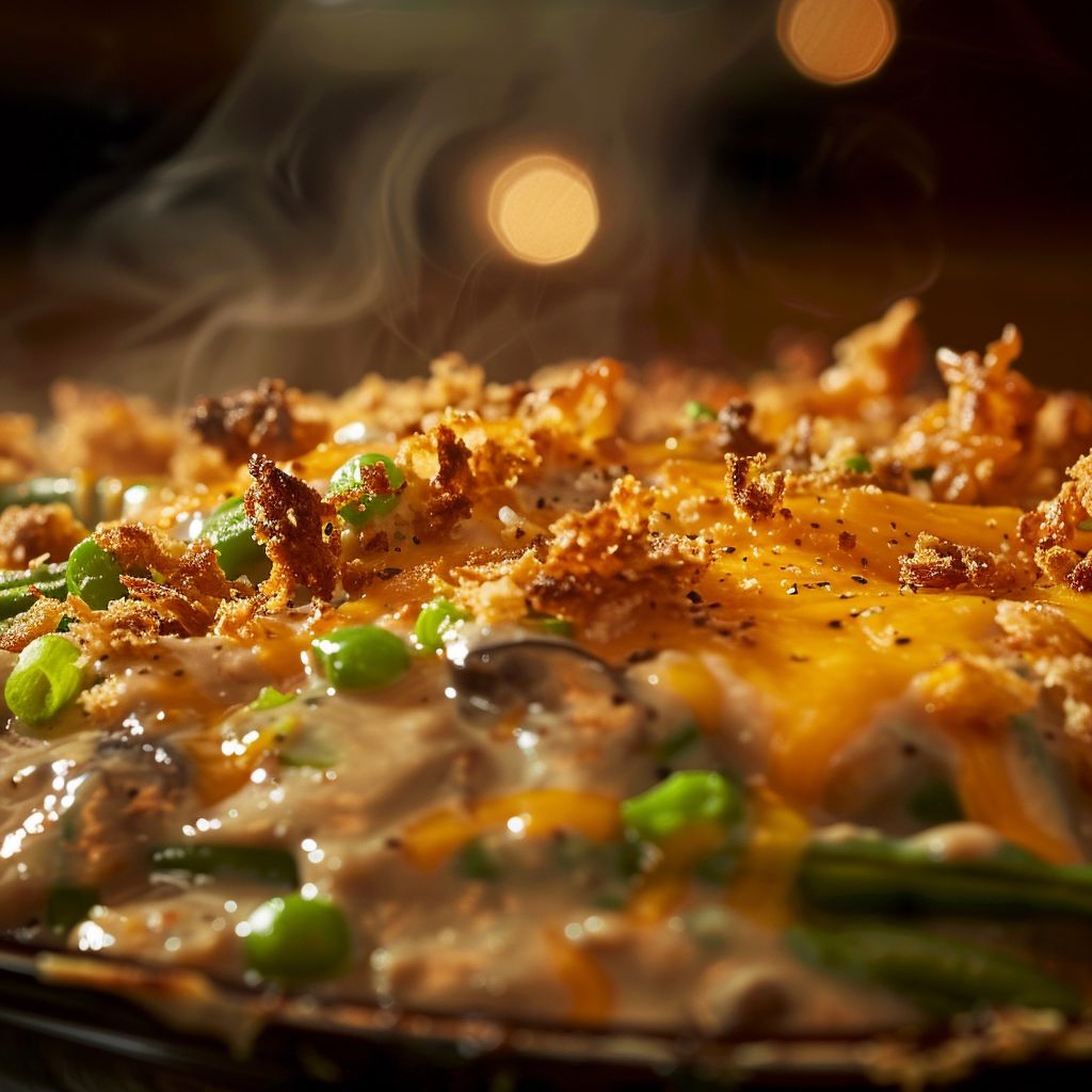 Close-up of a creamy green bean casserole topped with crispy fried onions.