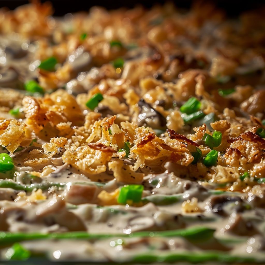 Close-up shot of a creamy green bean casserole topped with crispy French fried onions.