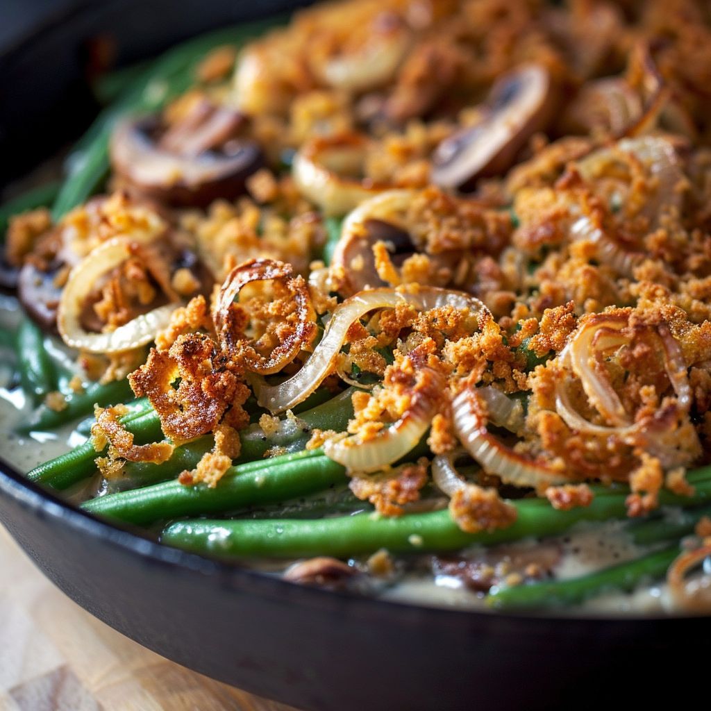 Close-up of a homemade green bean casserole topped with crispy fried shallots, illuminated by warm natural light.