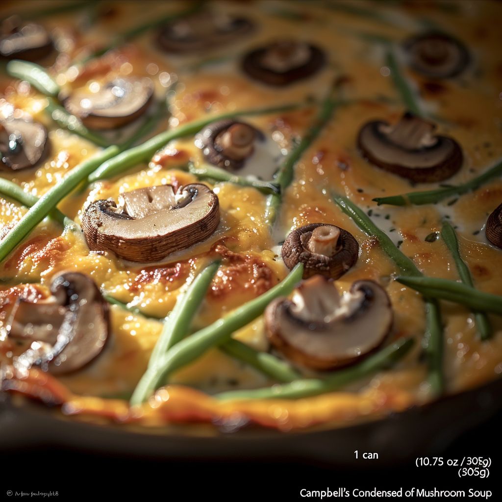 Close-up of a green bean casserole showcasing fresh green beans, mushrooms, and crispy topping.